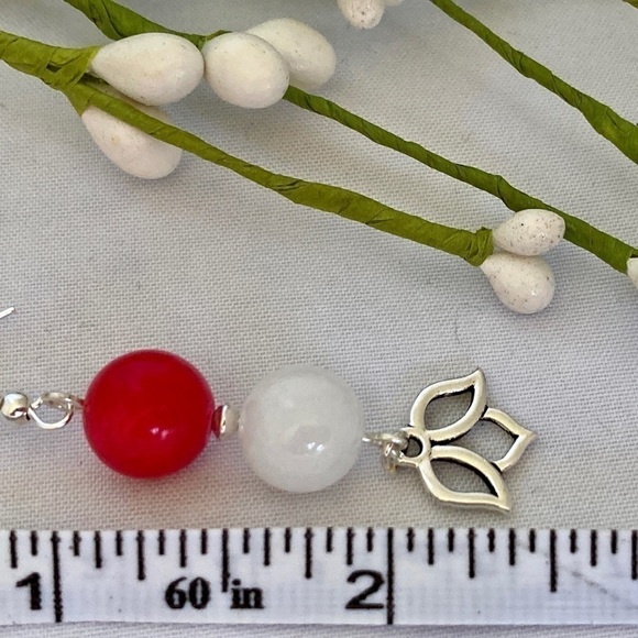 𝅺DANGLE Earrings Pink Jade and Milky White Jade Beads Lotus Flower Charms - Picture 8 of 8